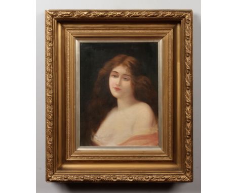 An early 20th century gilt framed oil on canvas. Portrait of a Pre-Raphaelite style maiden, 39cm x 29cm.Condition report inte