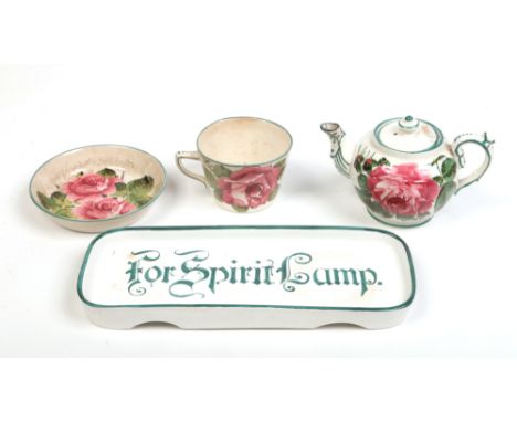 A Wemyss rectangular tray inscribed For Spirit Lamp along with a Wemyss bachelors teapot and cover and breakfast cup and sauc