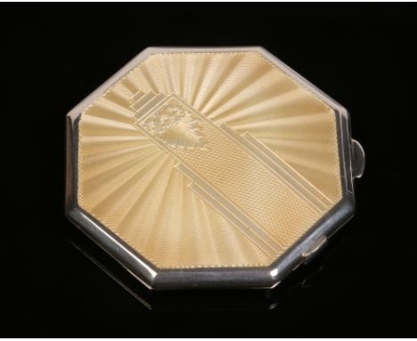 A George V Art Deco silver powder compact by W. I. Broadway &amp; Co. Octagonal in form and with yellow guilloche enamel deco