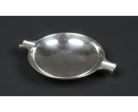 A George V novelty silver ashtray formed as a twin handled quaich by Hamilton &amp; Inches. Assayed Edinburgh 1936, 58 grams,