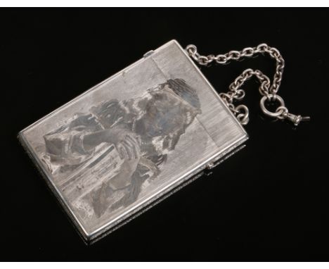 Victorian silver portrait card case. Engraved to depict a Tyrolean girl with a tambourine. Assayed Birmingham 1876, 104 grams