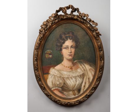 A 20th century French gilt framed oval oil on canvas portrait of a lady. Label verso names the sitter as Louise de la Forest,