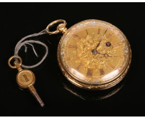 A Victorian 18 carat gold cased fusee fob watch by J. W. Matthews, Stehen Ferry. With engine turned engraving to the caseback