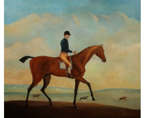 A large antique framed oil on canvas in late 18th century style. Portrait of a mounted jockey with three horses racing in the