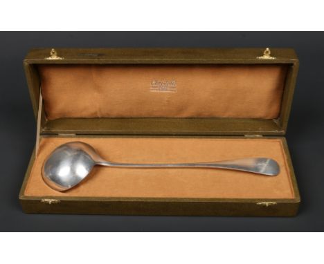 A cased Christofle French silver soup ladle. Punch mark to the bowl, 219 grams, 32.5cm.Condition report intended as a guide o