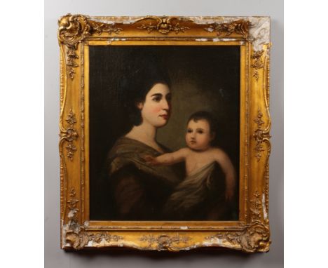 An early 19th century gilt framed oil on canvas. Portrait of a mother and child, 72cm x 62cm.Condition report intended as a g