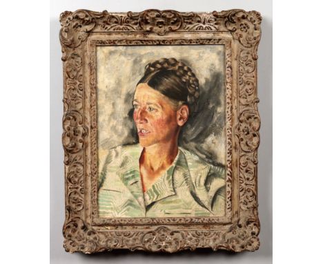 Alexander Allan (Scottish 20th century) framed oil canvas. Portrait of a woman, named verso Miss Nan Fratter No. 3, 40cm x 30