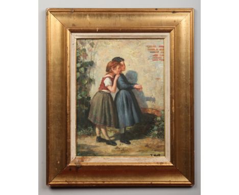 A 20th century gilt framed oil on board. Scene depicting two girls playing shadow puppets on a wall. Signed indistinct, 39cm 