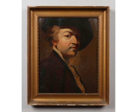 After Rembrandt, a gilt framed oil on artists board, study of the artists self portrait. Remnants of a female portrait verso,