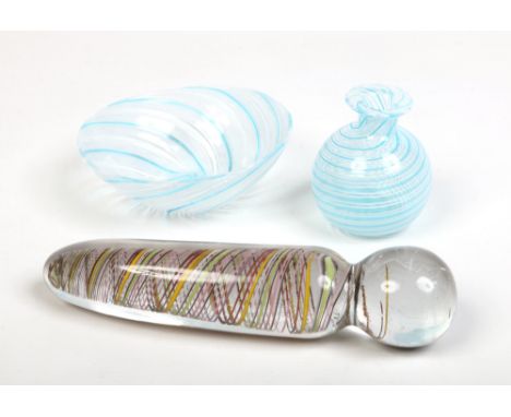 A Murano glass phallus with opaque coloured twist decoration along with a small bottle vase and a dish with blue and white op