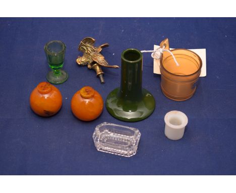 A pair of c.1930 bakelite pepperettes; a horn and white metal mounted pail pattern table salt; a green glazed posy vase; a br