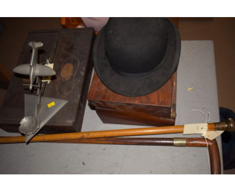 A 19th Century stained oak cutlery tray with lift up top; a 19th Century mahogany writing slope, fitted interior; a bowler ha