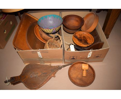 A pair of Victorian elm and leather bellows; turned wooden bowls; a book trough; a yew wood club; trays; a table lamp and oth