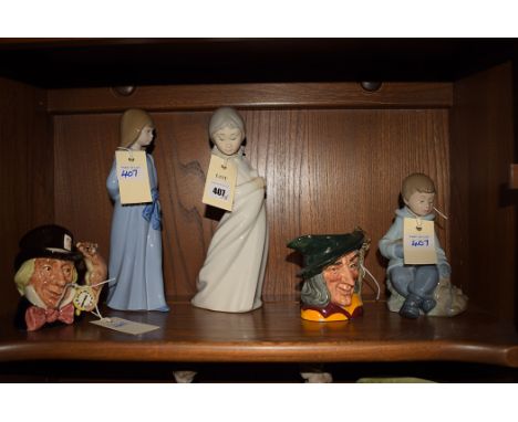 Three Nao child ornaments; and two miniature Royal Doulton character jugs "Pied Piper" D642 and "Mad Hatter" D602.
