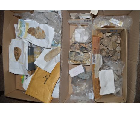 A large quantity of Prehistoric: flint cores, arrow heads, flakes, and other stones; together with a large collection of flin