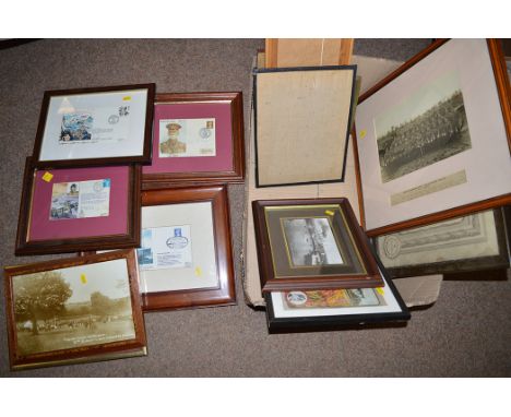 A framed regimental photograph of No.1 Company Northumberland Volunteer Royal Garrison Artillery; two framed silk WWI postcar