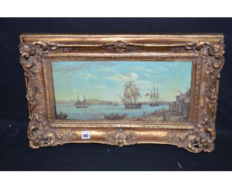 A colour print - ships at a Harbour, indistinct signature.