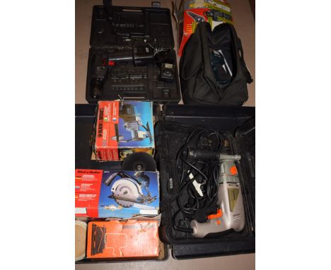 A Performance Power 12 volt cordless drill; a Powerbase Excel electric drill; a Black & Decker lamp; and other tools.