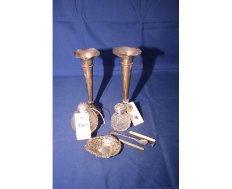 A pair of George V silver weighted posy vases of trumpet form; a silver pin dish pierced scrolling rim; two silver mounted dr