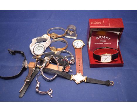 A gentleman's Rotary 9ct yellow gold cased wristwatch fitted leather strap, cased; other gentlemen's wristwatches; and ladies