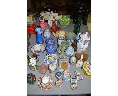 Decorative ceramics and glass, to include: pill boxes by House of Valentina; Wedgwood green Jasper ware; French yellow ground