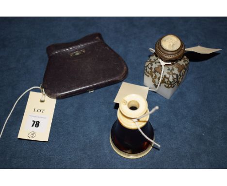 A late 19th Century cameo top scent bottle with brass overlay; a Victorian tortoiseshell and ivory monocular and a pair of co