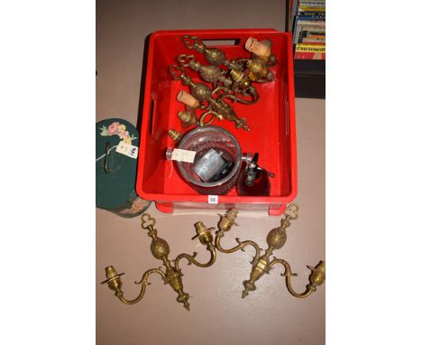 Five matching modern brass wall sconces with electrical fittings; a cut glass wine cooler; a silver plated hip flask; a metal