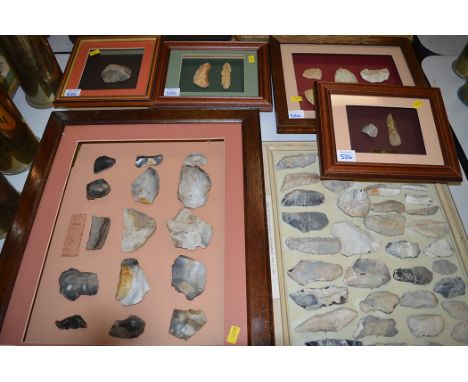 Neolithic flints, 15 mounted and framed; Neolithic tools, found at Kieler-Aussenforde, 40 mounted and framed; a Riss Age Nean