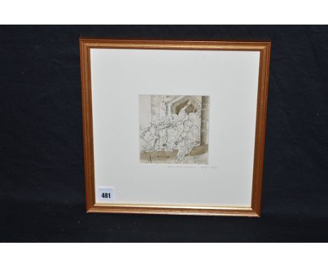 A pen, ink and watercolour wash by William Mason - men at arms attacking a castle gate, signed; with inscription on a label v