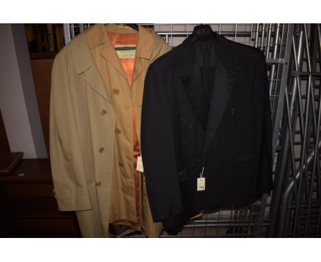 A gent's Burberry checked coat; an Aquascutum trench coat; and Moss Bros dinner suite.  (3)