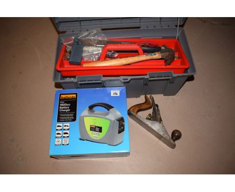 A Halford's over 1800cc battery charger; a tool box containing hand tools, to include a Record No.4 plane, chisels and spanne