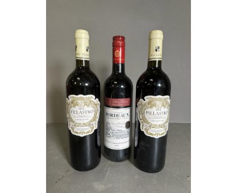 Three bottles of red wine to include two bottles of Primitivo 2019 and a bottle of Pierre Jaurant Bordeaux