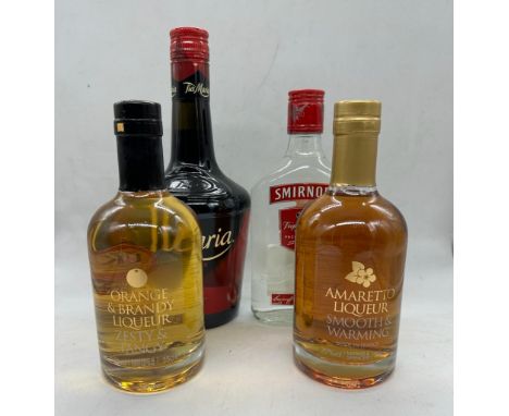 A selection of four bottles of Spirits to include: Tia Maria, Smirnoff Vodka, Amaretto Liqueur and Orange Brandy Liqueur