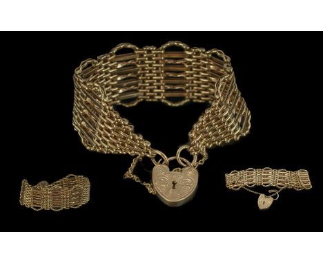 Ladies Superior Quality 9ct Gold Ornate 9 Bar Gate Bracelet - With Heart Shaped Padlock With Chased Decoration. Full Hallmark