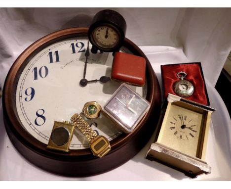 Nine mixed watches and clocks, including a Seiko watch, a pendant watch, wall clock (working) and an alarm clock (working). N