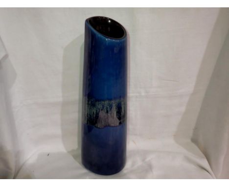 Blue, glazed Poole cylinder vase, H: 35 cm. Not available for in-house P&amp;P