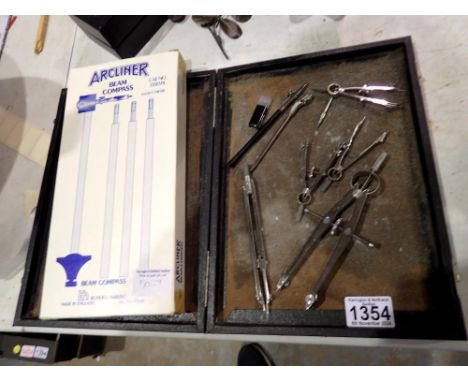 Vintage technical drawing implements in slim case with an Arcliner cased beam compass. Not available for in-house P&amp;P 