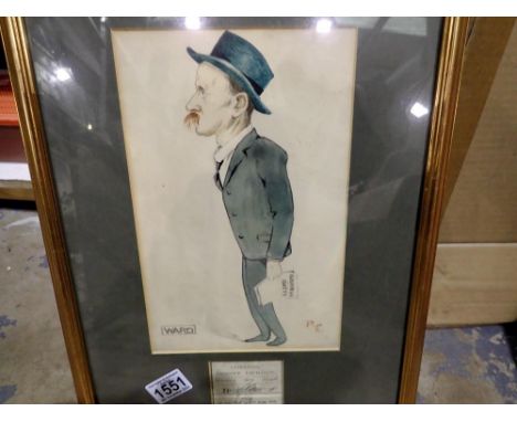 Early 20th century caricature framed with a 1914 Liverpool Produce Exchange ticket, 46 x 32 cm. Not available for in-house P&