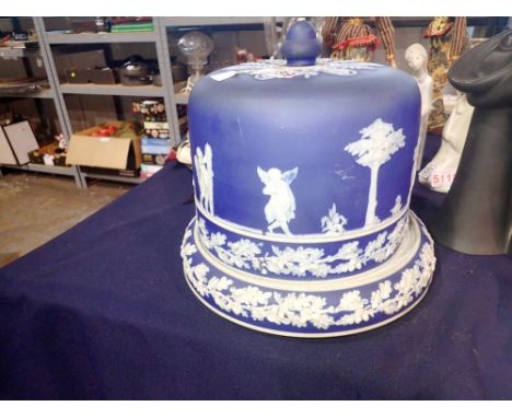 Blue and white jasper ware cheese dome. Light scuffing from use, large crack to lid. Not available for in-house P&amp;P