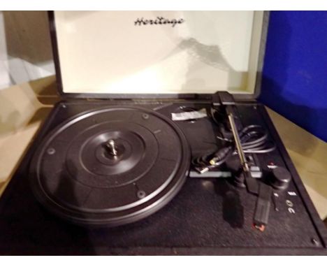 Heritage briefcase three speed record player, with USB power cable, working. Not available for in-house P&amp;P