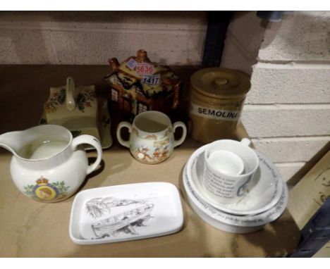 Mixed ceramics including Wedgwood Peter Rabbit nursery ware, Crown Ducal butter dish and a Bunnykins loving cup. Not availabl