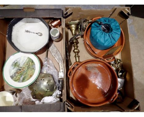 Two boxes of mixed collectables including Poole Pottery, brass chestnut roaster, ceramics and brass. Not available for in-hou