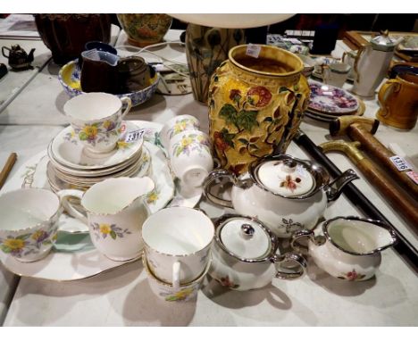 Mixed ceramics including a H J Wood Indian Tree vase with a P &amp; K tea service and a twenty four piece floral tea set. Not