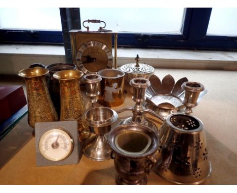 Mixed metalware, including Indian brass vases, brass quartz carriage clock and a silver plated candelabra. Not available for 