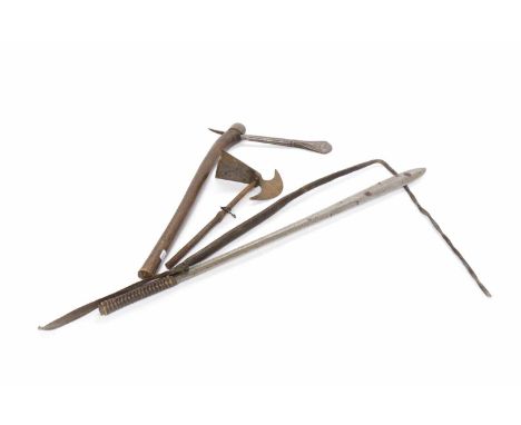EARLY 20TH CENTURY AFRICAN AXE62cm long, another axe, 40cm long, along with an African throwing spear with leather grip, 78cm
