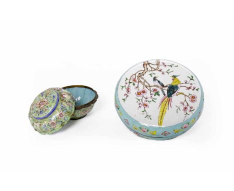 TWO EARLY 20TH CENTURY CHINESE ENAMEL LIDDED BOXES the larger circular box painted with exotic birds perched on tree branches