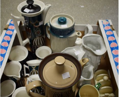 A Portmeirion Magic City coffee set for six; a Wedgwood Blue Pacific coffee; a Denby Savoy coffee pot; a set of three graduat
