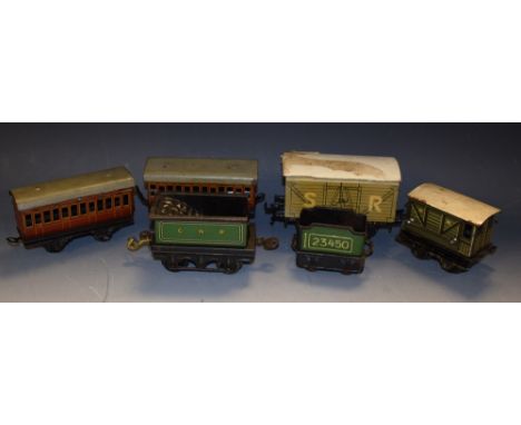 O Gauge - an early Bing tin plate brake van, grey, cream, white roof, No 60;  two passenger coaches;  Karl Bub 23450 tender, 