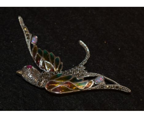 A silver plique-à-jour type enamel fanciful bird brooch, applied with marcasite and faux opal cabochons