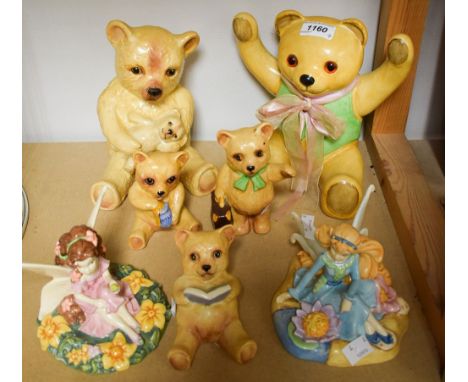 Ceramics - a family of ceramic bears to include Mother and Baby, Reading Bear, Honey Bear; etc; two Royal Doulton fairy figur